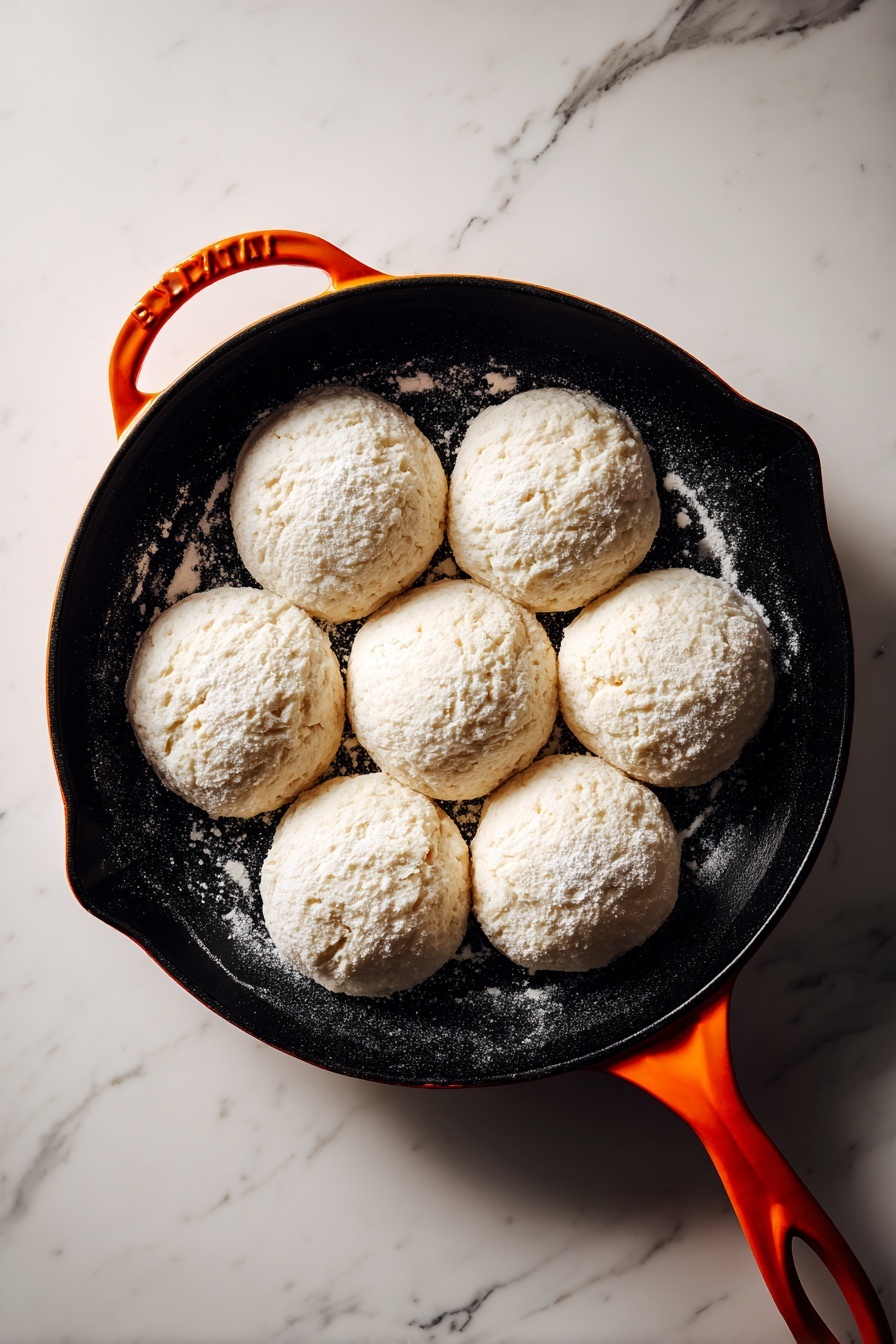 The image shows three golden-brown scones with a rough, crumbly texture placed on parchment paper inside a round tray. Two scones lie on the tray, one slightly blurred in the background, while a woman's hands are breaking apart one scone in the foreground, revealing its soft, fluffy white inside. A knife with butter on it rests nearby on the parchment paper. The scene is set against a white marbled surface. photo taken with an iphone --ar 2:3 --v 7