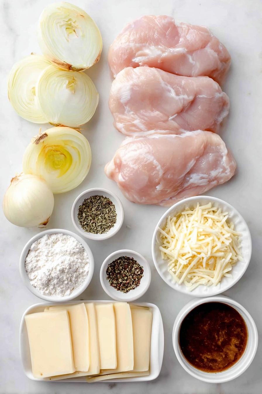 Flat lay of two large fresh yellow onions sliced, four raw boneless skinless chicken breasts with natural color, a small white ceramic bowl filled with golden olive oil, a small white ceramic bowl of pale unsalted butter cubes, a small white ceramic bowl with white all-purpose flour, a small white ceramic bowl containing rich dark beef broth, a small white ceramic bowl with dried oregano leaves, a small white ceramic bowl with dried thyme, a small white ceramic bowl of shredded Swiss cheese, and eight slices of creamy provolone cheese arranged in a neat stack, all placed on a clean white marble surface, soft natural light, photo taken with an iPhone, professional food photography style, fresh ingredients, white ceramic bowls, no bottles, no duplicates, no utensils, no packaging --ar 2:3 --v 7 --p m7354615311229779997