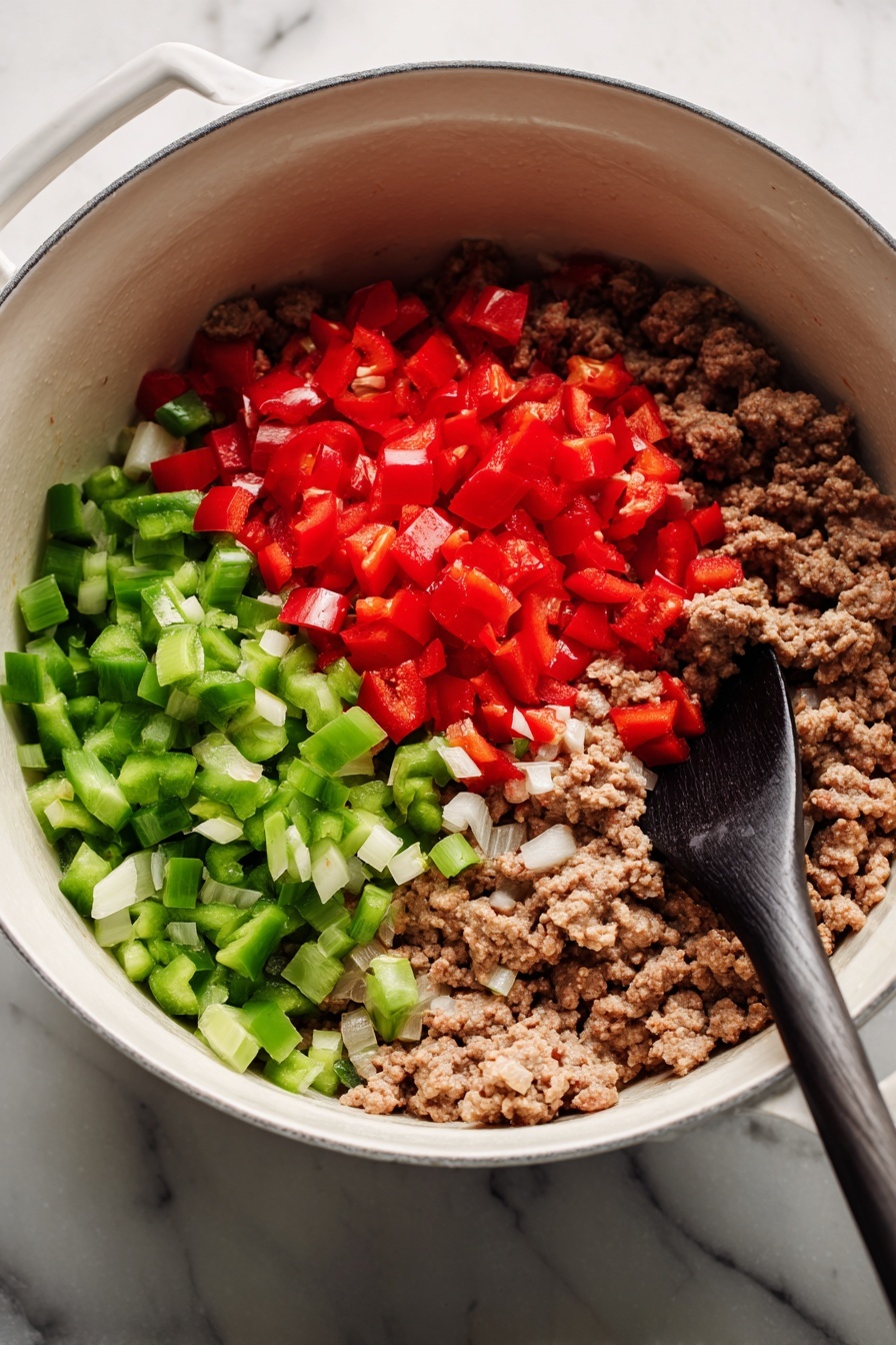 The image shows a white bowl filled with a layered dish starting with a base of white rice. On top of the rice is a mix of browned ground meat and diced green and red bell peppers. The dish is covered with melted yellow and white cheese, which is sprinkled with small green herb pieces. The bowl sits on a white marbled surface with a silver spoon on the bowl's right side, partially inserted into the food. Photo taken with an iphone --ar 2:3 --v 7