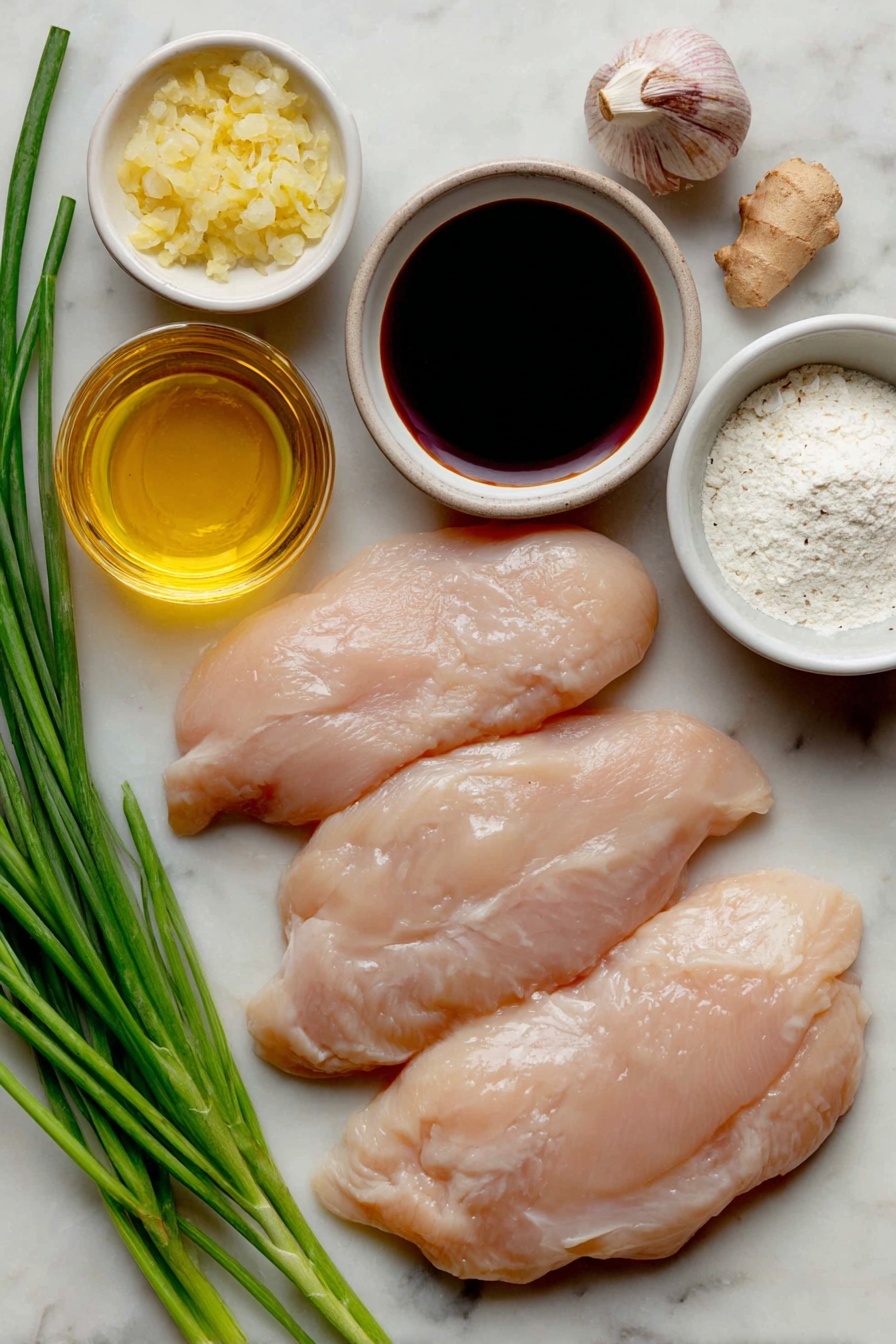 Flat lay of four raw boneless skinless chicken breasts, a small white bowl of dark soy sauce, a small white bowl of golden honey, a small white bowl of clear rice wine vinegar, a small white bowl of finely chopped pale yellow onion, two uncracked brown garlic cloves, a small white bowl of ground ginger powder, a small white bowl of coarse black pepper, a small white bowl of clear water, a small white bowl of white cornstarch powder, fresh green onion stalks, and a scattering of natural white sesame seeds, all arranged symmetrically on a clean white marble surface, soft natural light, photo taken with an iPhone, professional food photography style, fresh ingredients, white ceramic bowls, no bottles, no duplicates, no utensils, no packaging --ar 2:3 --v 7 --p m7354615311229779997