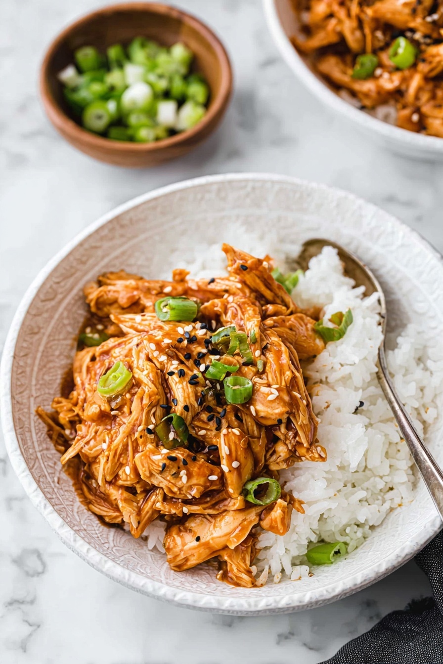 A white crockpot holds three smooth, pale orange pieces of raw chicken layered at the bottom, slightly overlapping each other. A woman's hand is pouring a glass bowl of dark brown sauce filled with small, diced white onions and bits of garlic over the chicken, the sauce spreading over the top piece with some spilling over the edges. The entire scene is set on a white marbled surface which contrasts softly with the colors of the chicken and sauce. photo taken with an iphone --ar 2:3 --v 7