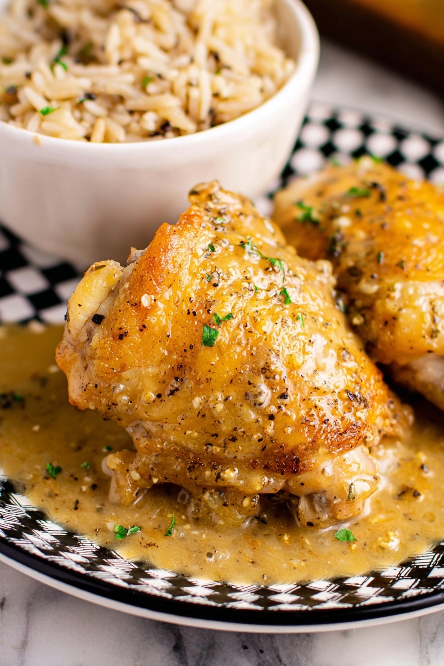 A close-up image shows a woman's hand pouring a light golden broth from a clear glass measuring cup into a black cast iron skillet filled with a bubbly, sizzling mixture of browned bits and liquid. The skillet sits on a white marbled surface, and behind it, there is a white plate with several cooked golden pieces of food slightly blurred in the background. The broth creates foam and bubbles as it hits the hot skillet, mixing with the browned bits at the bottom. photo taken with an iphone --ar 2:3 --v 7