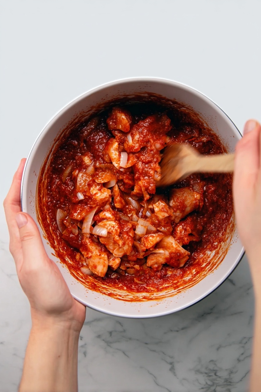 A white bowl holds a dish with two main layers. On the left side, there is a layer of fluffy white rice with some green herb pieces scattered on top. On the right side, there is a thick orange creamy sauce with pieces of light brown chicken mixed in, topped with small green herb leaves. The sauce looks smooth and coats the chicken pieces well, and the bowl sits on a white marbled surface. Photo taken with an iphone --ar 2:3 --v 7