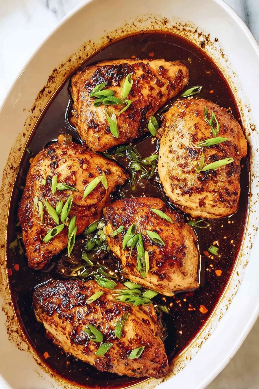 Four cooked chicken pieces, brown with a slight char and shiny from sauce, are placed closely in a white oval pan filled with dark brown sauce. Small bright green chopped spring onions are sprinkled on top of the chicken. The sauce has oily spots and has stuck slightly around the edges of the pan, which sits on a white marbled surface photo taken with an iphone --ar 2:3 --v 7