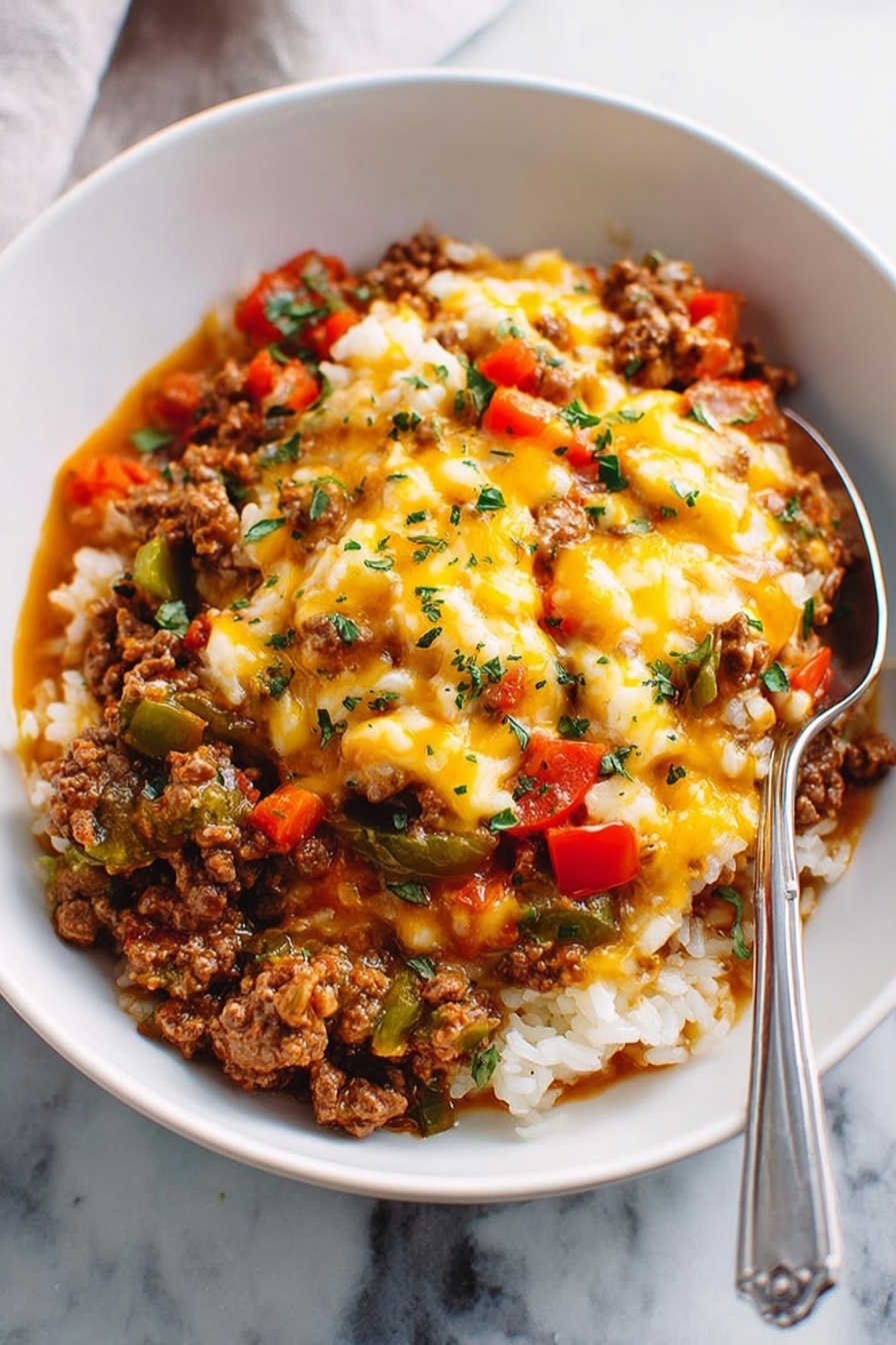 A white round pot sits on a white marbled surface, shown in two stages of cooking. On the left side, the pot has three distinct parts: cooked ground meat with small bits of onion in the lower-right area, and fresh diced red and green bell peppers piled on the left side, all separated. A black spoon rests in the pot near the meat. On the right side image, the same pot holds a mixed and cooked dish, where the ground meat, diced red and green bell peppers, and chopped tomatoes blend together, showing a colorful mix of brown, red, and green with a soft texture. The black spoon is still in the pot, slightly covered by the food. Photo taken with an iphone --ar 2:3 --v 7