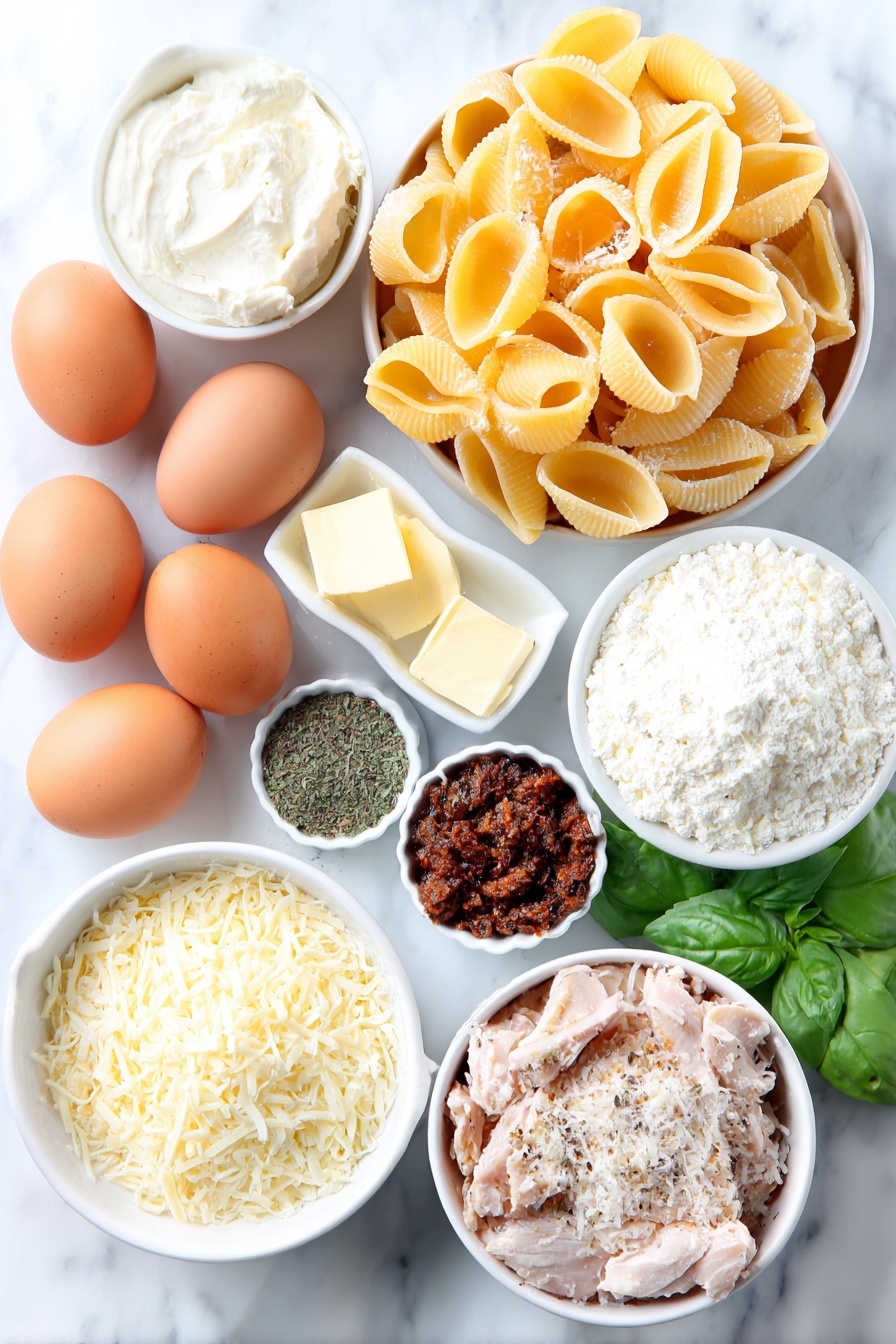Flat lay of a small pile of uncooked jumbo pasta shells, a small white bowl of whole-milk ricotta cheese, a small white bowl of shredded mozzarella, a small white bowl of grated parmesan cheese, a small white bowl of chopped sun-dried tomatoes, a small white bowl of Italian seasoning herbs, three whole uncracked brown eggs, a small white bowl of unsalted butter cubes, a small white bowl of minced garlic cloves, a small white bowl of all-purpose flour, a small white bowl of chicken broth, a small white bowl of heavy whipping cream, a small white bowl of paprika powder, a small cluster of fresh green basil leaves, and a small pile of cooked chopped chicken breast, all arranged symmetrically and naturally on a clean white marble surface, soft natural light, photo taken with an iPhone, professional food photography style, fresh ingredients, white ceramic bowls, no bottles, no duplicates, no utensils, no packaging --ar 2:3 --v 7 --p m7354615311229779997