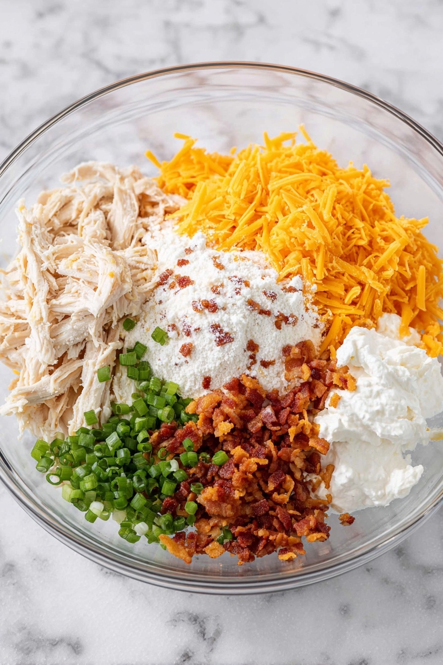 The image shows four tacos arranged in a row on a wooden board, each taco having three layers: the bottom layer is a golden-yellow toasted taco shell with a slightly charred texture, the middle layer is filled with white fish chunks mixed with melted orange cheese, small green herbs, and bits of brown bacon, and the top layer is decorated with small red tomato cubes, light green avocado pieces, finely chopped green herbs, and small drizzles of white creamy sauce. In the background, there is a small white bowl with a speckled pattern filled with sliced green onions, all set on a white marbled surface. Photo taken with an iphone --ar 2:3 --v 7