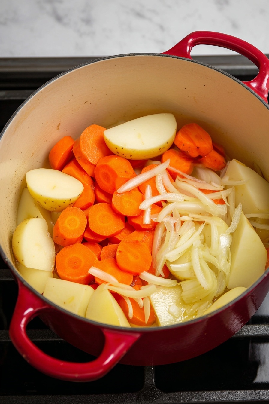 A white bowl is filled with three main layers: at the bottom is white rice sprinkled with black sesame seeds, next to it is a thick yellow curry sauce with chunky yellow potatoes and slices of orange carrots, and on top lies a golden-brown crispy fried cutlet sliced into several pieces and garnished with chopped green onions. The bowl is set on a wooden board with a blurred white marbled background. Photo taken with an iphone --ar 2:3 --v 7