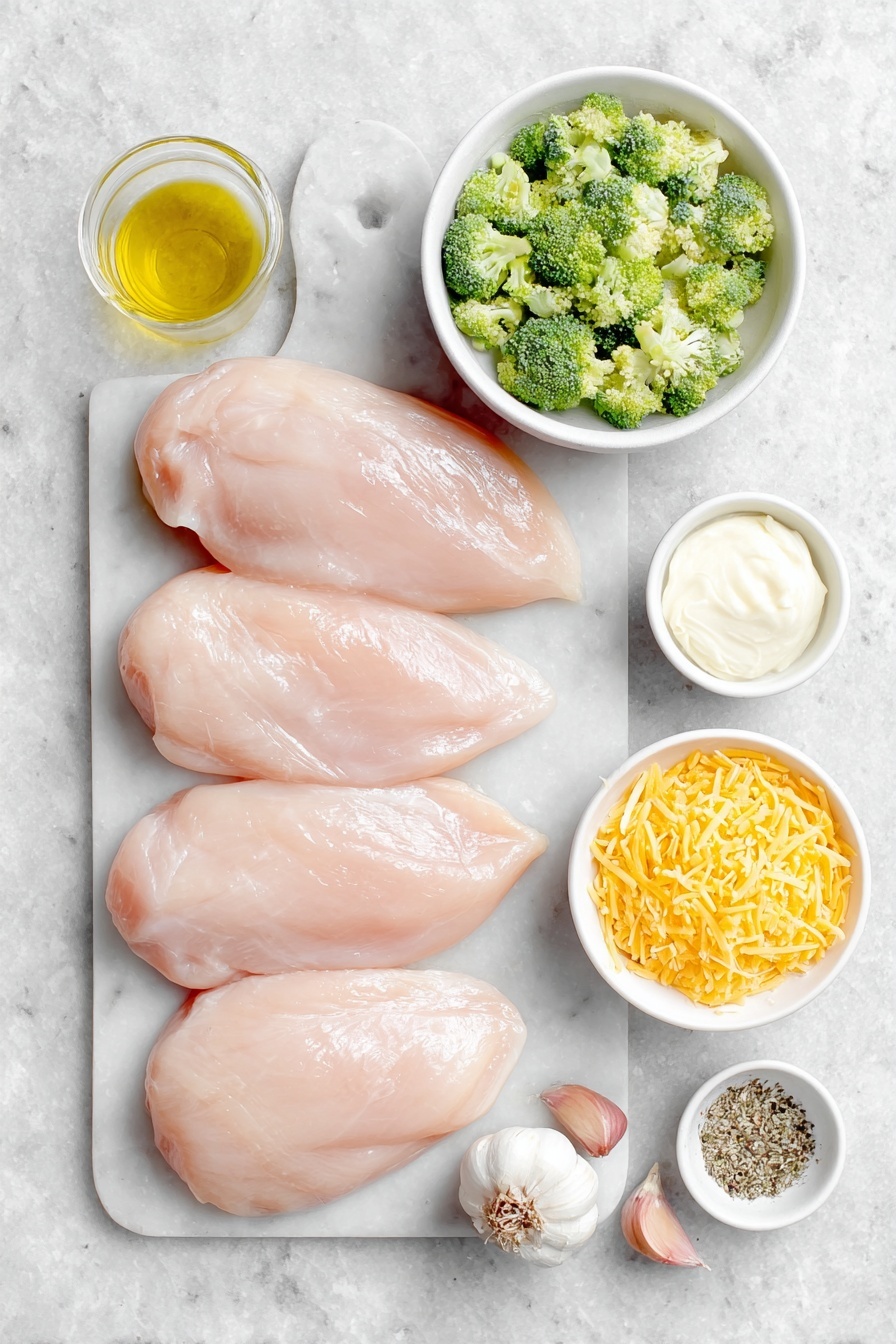 Flat lay of four boneless, skinless chicken breasts with smooth, pale pink skin; a small mound of finely chopped bright green broccoli florets in a simple white ceramic bowl; a small white ceramic bowl filled with shredded vibrant orange cheddar cheese; a small white ceramic bowl containing soft, creamy white cream cheese; two whole brown garlic cloves with papery skins intact; a small white ceramic bowl holding golden olive oil; a small white ceramic bowl of mixed coarse salt and black pepper; and a small white ceramic bowl with dried Italian seasoning herbs placed on and around the chicken breasts, all arranged in perfect symmetry, placed on a clean white marble surface, soft natural light, photo taken with an iPhone, professional food photography style, fresh ingredients, white ceramic bowls, no bottles, no duplicates, no utensils, no packaging --ar 2:3 --v 7 --p m7354615311229779997