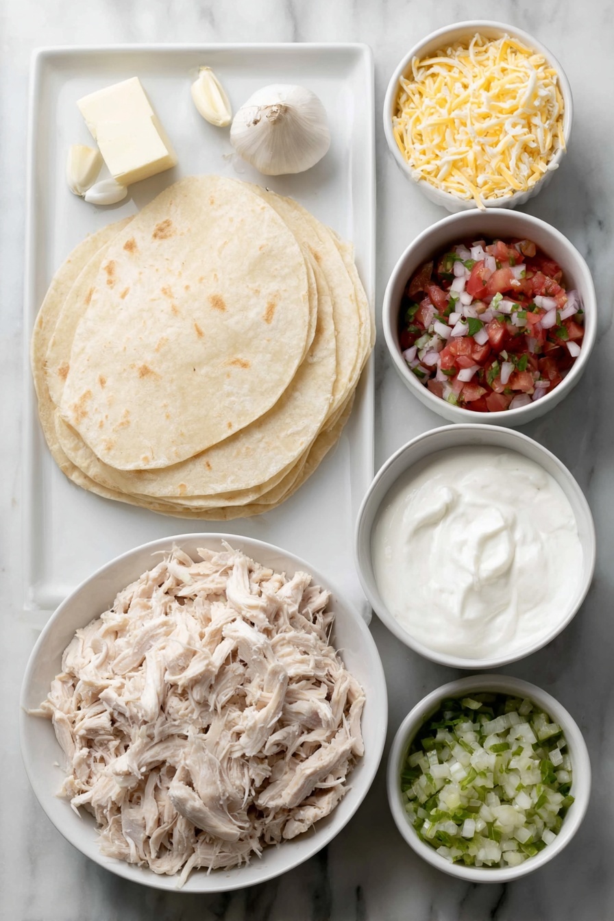 Flat lay of two cloves of garlic, half a white onion, a small mound of shredded chicken, a small pile of shredded Mexican blend cheese, two softened blocks of cream cheese, a few diced green chiles, a small white bowl of salsa verde, a small white bowl of sour cream, four flour tortillas stacked, a few sprigs of chopped cilantro, and some diced fresh tomatoes, all arranged symmetrically in a balanced layout on simple white ceramic bowls and plates, placed on a clean white marble surface, soft natural light, photo taken with an iPhone, professional food photography style, fresh ingredients, white ceramic bowls, no bottles, no duplicates, no utensils, no packaging --ar 2:3 --v 7 --p m7354615311229779997