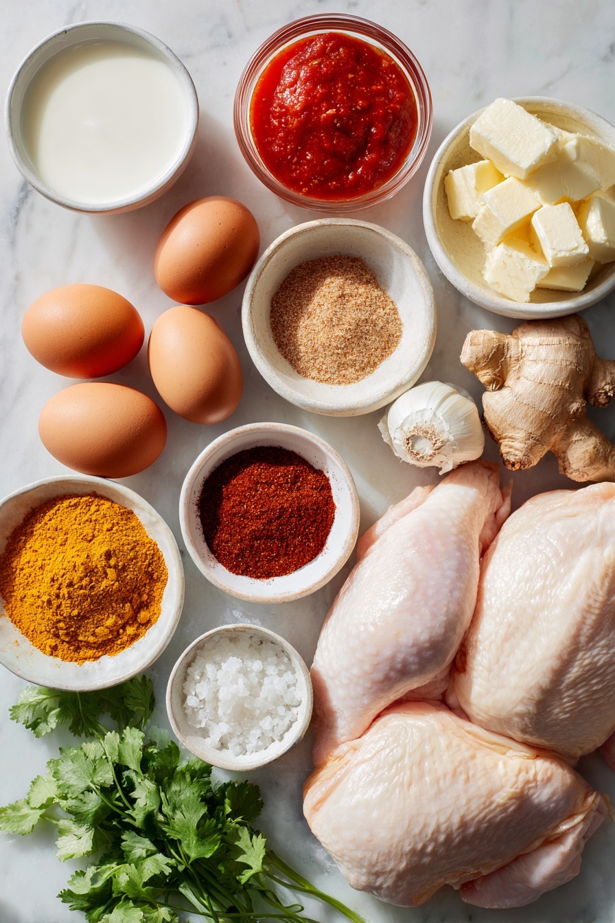 Flat lay of fresh whole chicken thighs with pale pink skin, several uncracked brown eggs, a small pile of peeled garlic cloves, a knob of fresh ginger root with textured light brown skin and cream interior, a small white ceramic bowl of bright red tomato sauce, a smaller white bowl with golden-yellow ground turmeric powder, another white bowl with reddish-brown smoked paprika powder, a white bowl holding deep brown garam masala spice mix, a white bowl with light brown ground cumin powder, a white bowl with fine red chili powder, a white bowl of coarse salt, a small white bowl with golden granulated sugar, a few small cubes of pale creamy unsalted butter, a white bowl of thick white heavy cream, and a handful of fresh bright green cilantro leaves, all arranged in perfect symmetry on a clean white marble surface, soft natural light, photo taken with an iPhone, professional food photography style, fresh ingredients, white ceramic bowls, no bottles, no duplicates, no utensils, no packaging --ar 2:3 --v 7 --p m7354615311229779997