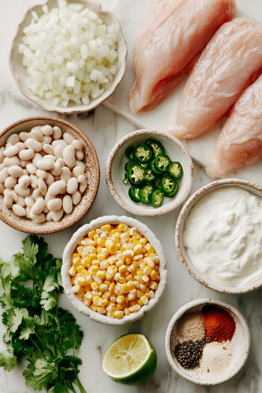 Flat lay of a small white ceramic bowl of diced white onion, a small white ceramic bowl of drained cannellini beans, a small white ceramic bowl of fresh yellow corn kernels, two large raw boneless skinless chicken breasts, a small white ceramic bowl of diced green chilies, a small white ceramic bowl of Greek yogurt, a small white ceramic bowl of cream cheese, a whole fresh lime, a small bunch of fresh cilantro with some leaves loose, all neatly arranged with a few whole black peppercorns and a small white ceramic bowl holding a mix of ground cumin, chili powder, garlic powder, salt, and ground black pepper placed symmetrically around the ingredients, placed on a clean white marble surface, soft natural light, photo taken with an iPhone, professional food photography style, fresh ingredients, white ceramic bowls, no bottles, no duplicates, no utensils, no packaging --ar 2:3 --v 7 --p m7354615311229779997