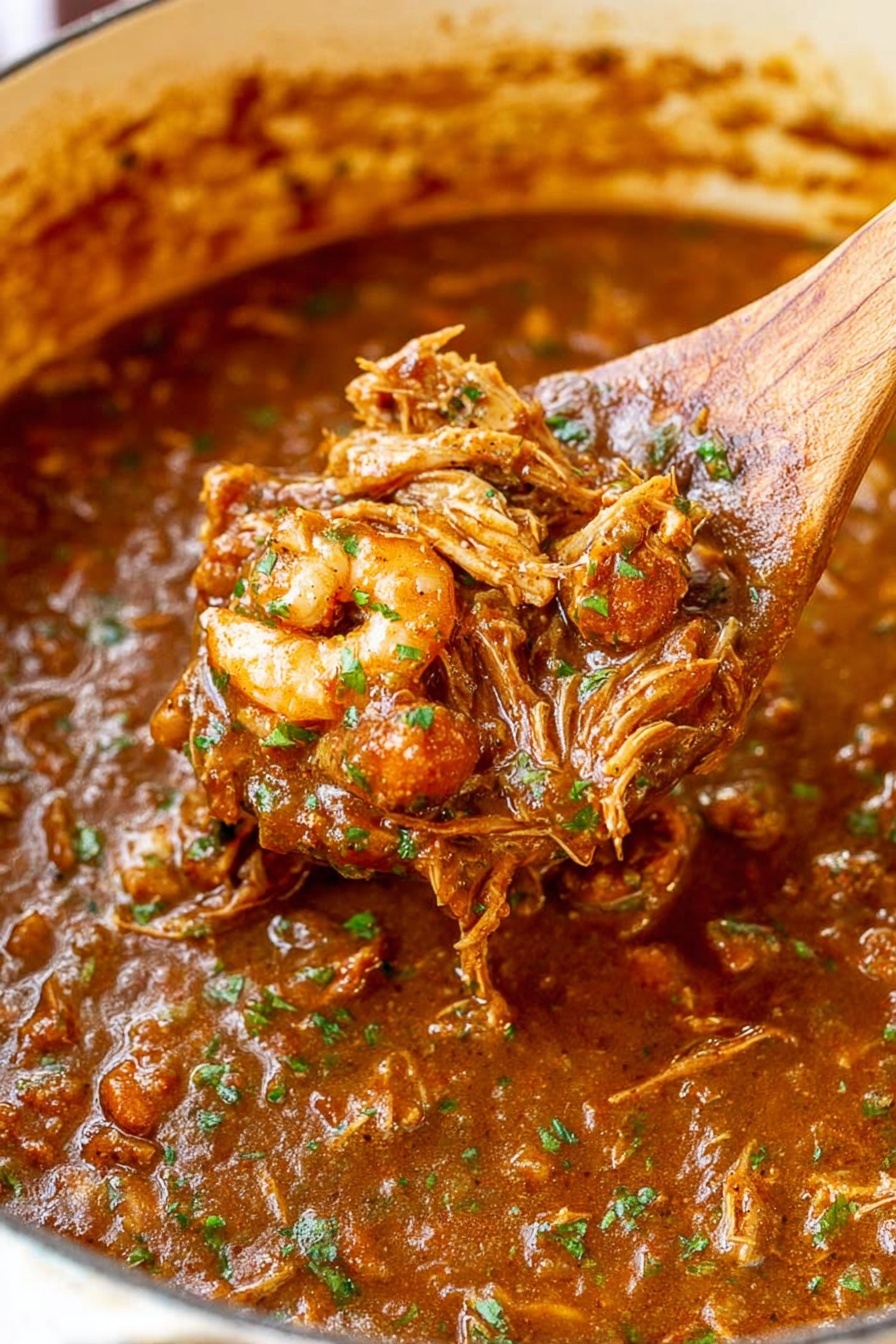 A close-up view of a thick, brown stew with a rich texture, showing shredded pieces of tender meat and small bits of green herbs mixed throughout the sauce. The stew fills a white pot, with some sauce splashed along the sides inside the pot. A wooden spoon is lifting up a spoonful of the stew, revealing chunky pieces of meat and herbs coated in the glossy, slightly thick sauce. The stew looks warm and hearty, with visible layers of meat fibers and herbs suspended in the brown broth. Photo taken with an iphone --ar 2:3 --v 7