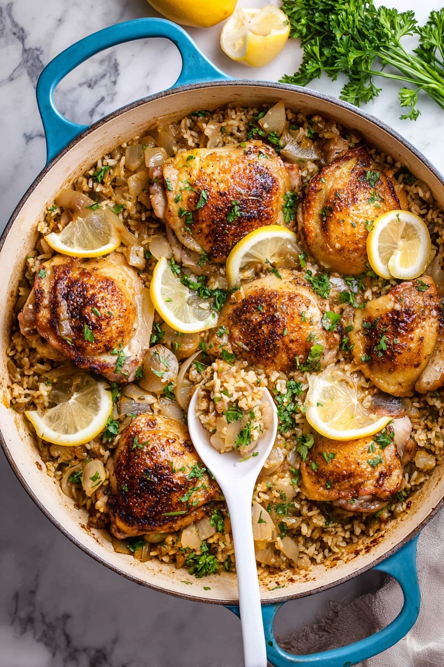 A white round pan with a blue outer edge holds a dish made of six pieces of browned chicken thighs on top of a layer of cooked rice mixed with small chunks of cooked onions. Thin lemon slices and green parsley leaves are scattered over the top layer for garnish. A white spoon lifts one chicken piece and some rice from the pan. The background is a white marbled surface with some parsley sprigs off to the side photo taken with an iphone --ar 2:3 --v 7