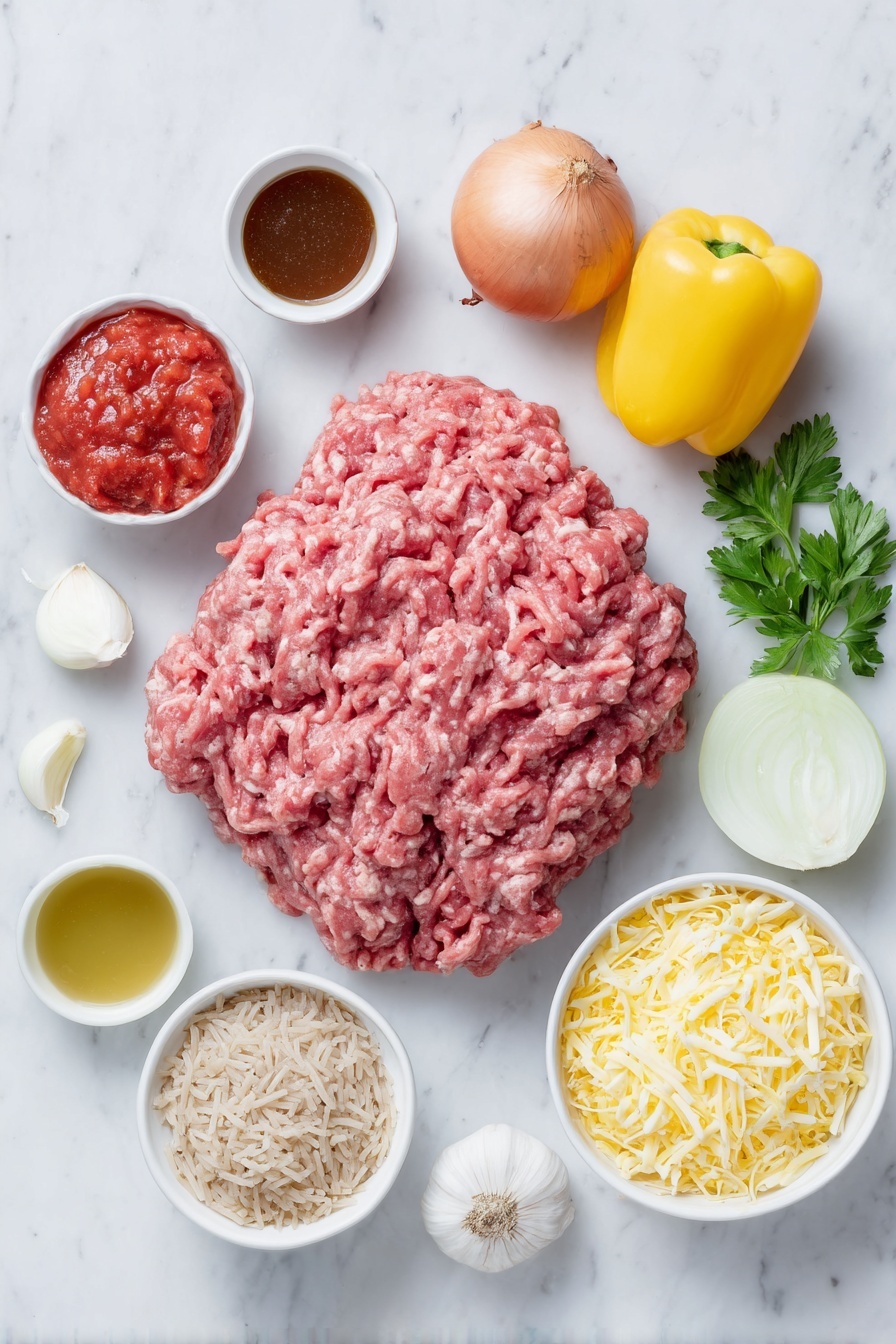 Flat lay of a mound of fresh ground beef, a small pile of fresh ground pork sausage, a small yellow onion whole and unpeeled, two large diced bell peppers (one red, one yellow), three whole garlic cloves unpeeled, a small white ceramic bowl of deep red tomato paste, a small white ceramic bowl of bright red diced tomatoes with juice, a small white ceramic bowl of dark brown Worcestershire sauce, a small white ceramic bowl of deep orange Dijon mustard, a small white ceramic bowl of smooth rich marinara sauce, a small white ceramic bowl of golden chicken broth, a small white ceramic bowl of light brown raw long grain rice, a pile of shredded sharp cheddar cheese, a pile of shredded Monterey Jack cheese, and a few sprigs of fresh green parsley placed on a clean white marble surface, soft natural light, photo taken with an iPhone, professional food photography style, fresh ingredients, white ceramic bowls, no bottles, no duplicates, no utensils, no packaging --ar 2:3 --v 7 --p m7354615311229779997