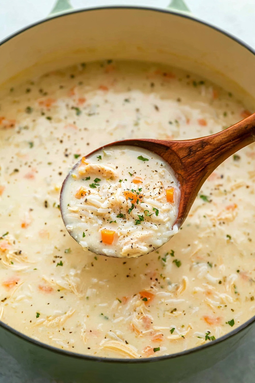 A close-up view of a thick creamy soup filled with small pieces of orange carrots, white rice, and light brown bits in a large white pot with a green outer edge. The soup has a smooth, light cream base with small green herb sprinkles and black pepper scattered on the surface. A wooden spoon filled with the same creamy soup is held above the pot, showing the soup's rich texture with visible soft rice grains, small orange carrot bits, and fresh green herbs photo taken with an iphone --ar 2:3 --v 7