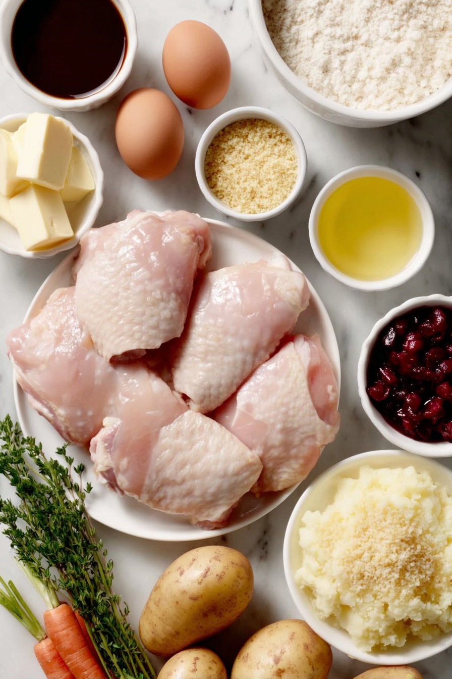 Flat lay of boneless chicken thigh pieces fresh and natural, two whole uncracked brown eggs with clean shells, a small mound of golden panko breadcrumbs mixed with finely grated parmesan cheese, a small white ceramic bowl of all-purpose flour powder, a small white ceramic bowl of thick Japanese curry roux blocks, a small white ceramic bowl of golden melted butter, a small white ceramic bowl of water, a whole peeled yellow onion, two whole russet potatoes with skin, one fresh orange carrot, a small white ceramic bowl of honey, a small white ceramic bowl of sake, a small white ceramic bowl of dark tsuyu sauce, a small white ceramic bowl of ketchup, a small white ceramic bowl of chili powder, a small white ceramic bowl of fenugreek powder, two fresh boneless chicken breasts whole and uncut, a serving of cooked white Japanese short-grain rice molded neatly, a small pile of fresh green parsley sprigs, a small heap of bright red fukujinzuke pickles, all arranged symmetrically on a simple white ceramic plate and bowls placed on a clean white marble surface, soft natural light, photo taken with an iPhone, professional food photography style, fresh ingredients, white ceramic bowls, no bottles, no duplicates, no utensils, no packaging --ar 2:3 --v 7 --p m7354615311229779997