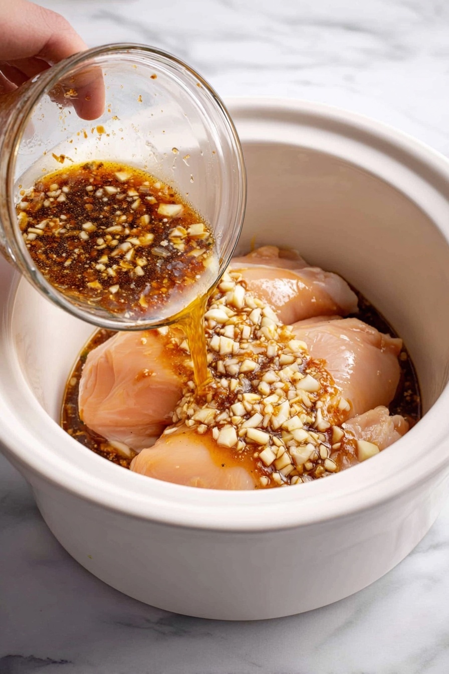 A white bowl with a textured edge holds two main layers. The bottom layer is white cooked rice with a soft and slightly fluffy texture, covering about half the bowl. On top is a thick layer of shredded orange-brown chicken coated in a shiny sauce, spread over the rice. Scattered on the chicken are small pieces of bright green sliced scallions and a few black and white sesame seeds, adding a slight contrast in color. A silver spoon rests inside the bowl, partly buried in the rice and chicken. The bowl sits on a white marbled surface with a small wooden bowl of sliced green scallions and part of another white bowl of the same dish in the background. photo taken with an iphone --ar 2:3 --v 7