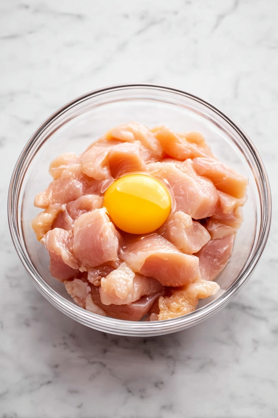 A large white bowl on a white marbled surface holds a serving of white rice on the left side, with golden-brown pieces of chicken coated in a shiny orange glaze with red chili flakes on the right side. The chicken pieces are sprinkled with small green onion slices. A pair of black chopsticks is picking up one piece of chicken from the right side of the bowl. In the background, there is a small white dish with a dark orange sauce and a wooden bowl with green onions. Photo taken with an iphone --ar 2:3 --v 7
